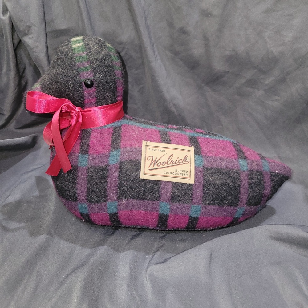 Woolrich Plaid Wool Duck Vtg Decor Stuffed Plush Green Fuschia Purple Door Stop
